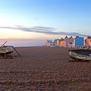 Aldeburgh beach, boats and houses in the mist