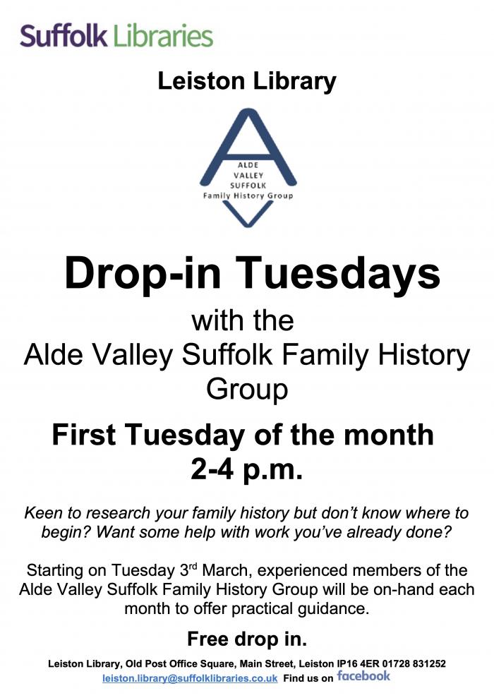 AVSFHG Leiston Library Drop in Tuesdays poster