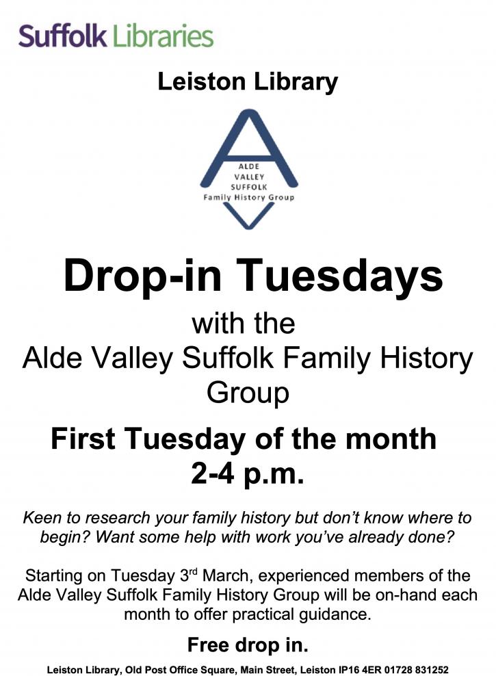 AVSFHG Leiston Library Drop in Tues poster wout links