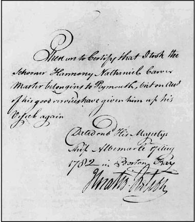 240318 Certificate given by Horatio Nelson to Nathaniel Carver master of the schooner Harmony of Plymouth