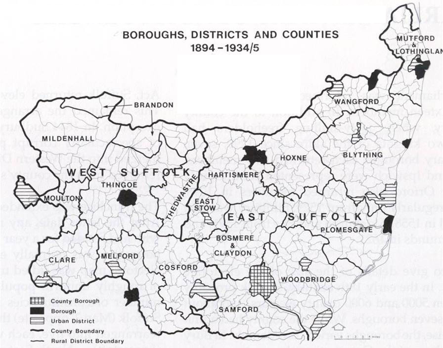 map of Suffolk Boroughs, Districts and Counties: 1894 to 1934/5
