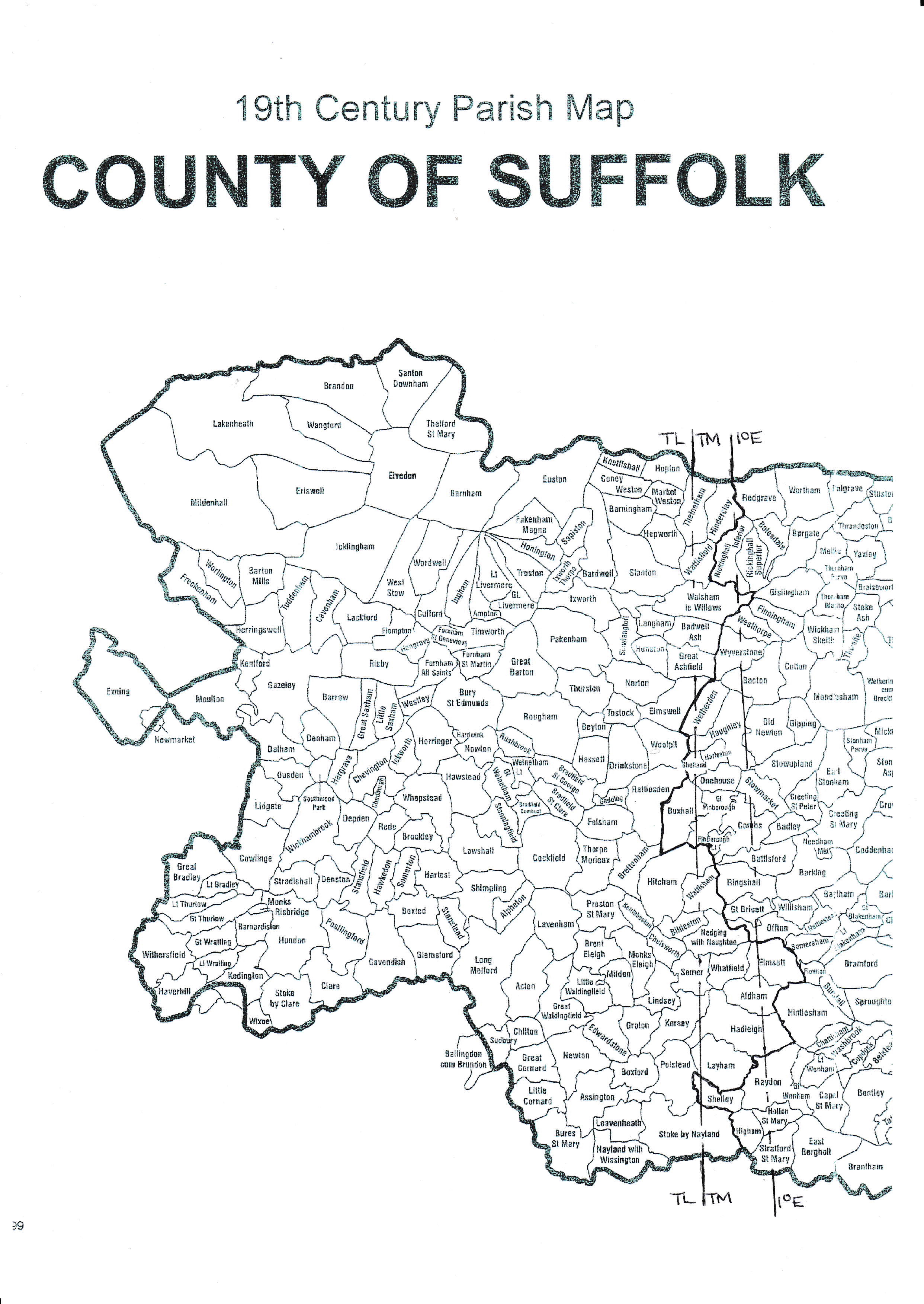 County of Suffolk C19th Parish Map [of WSCC with ESCC border, National Grid squares TL/TM & 1°E] 
