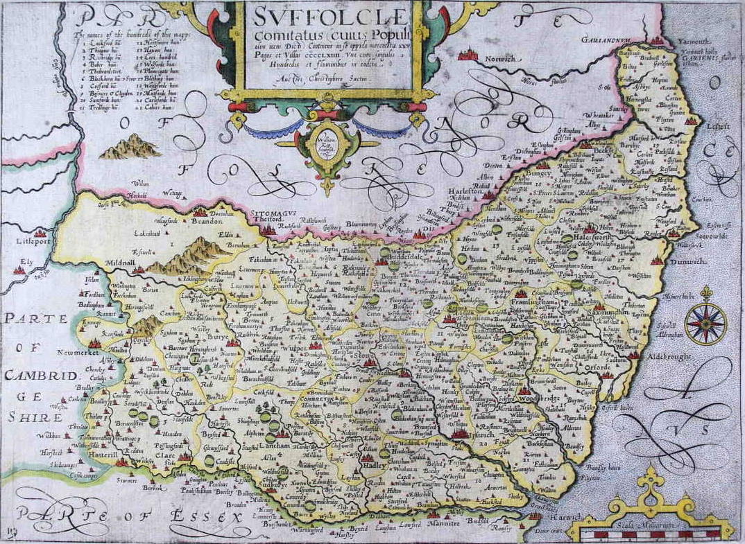 Suffolciae Comitatus” Map 1574-8 by Saxton [financed by Woodbridge's Thomas Seckford]