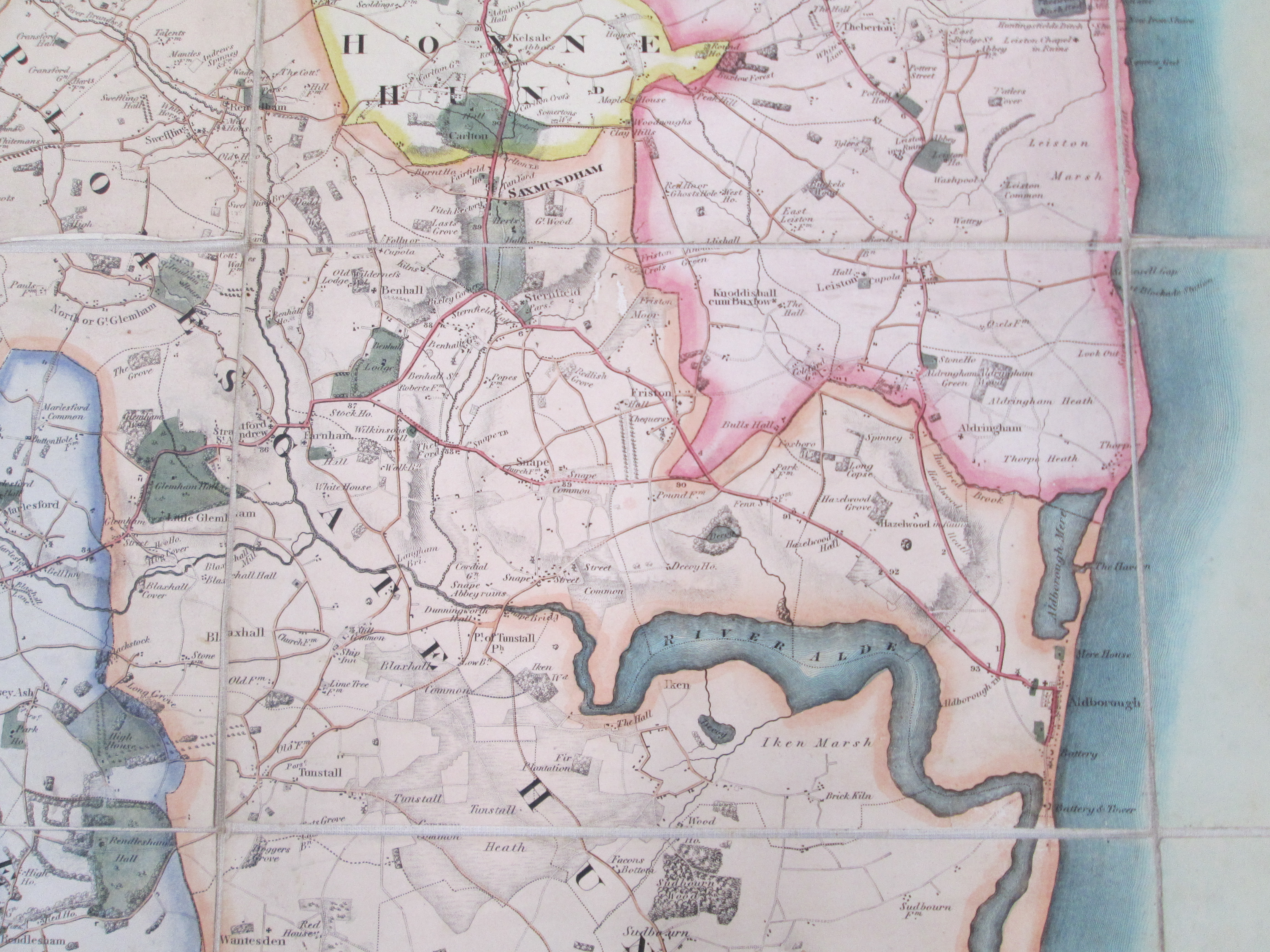 Map of the County of Suffolk … survey by A.Bryant (1824): detail: 5-mile radius Snape Church